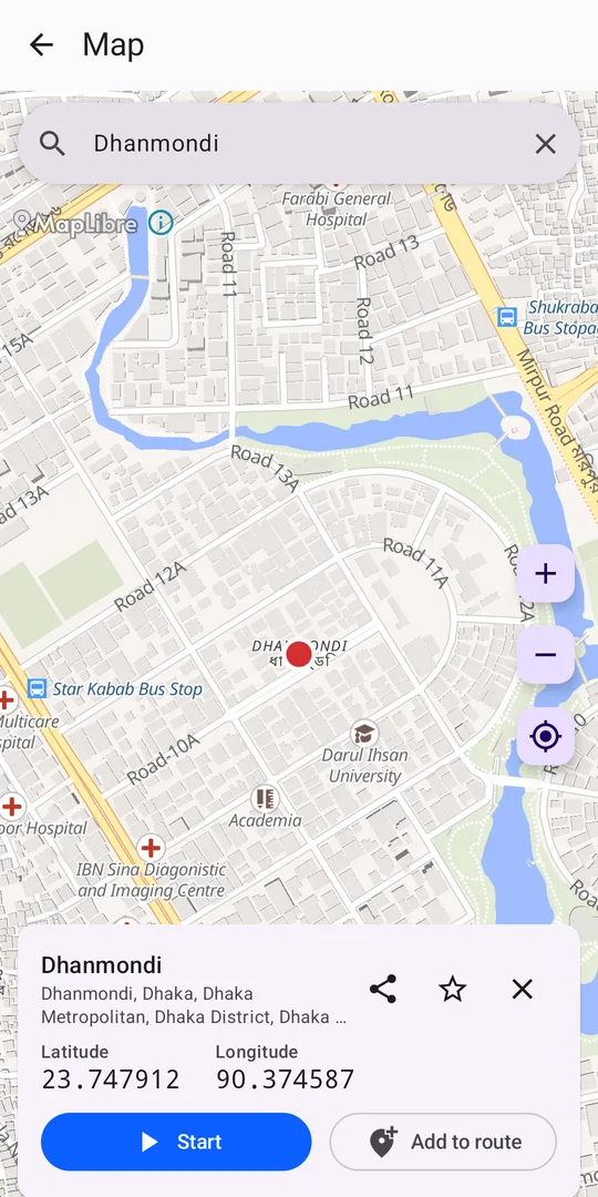 Map with a selected place
